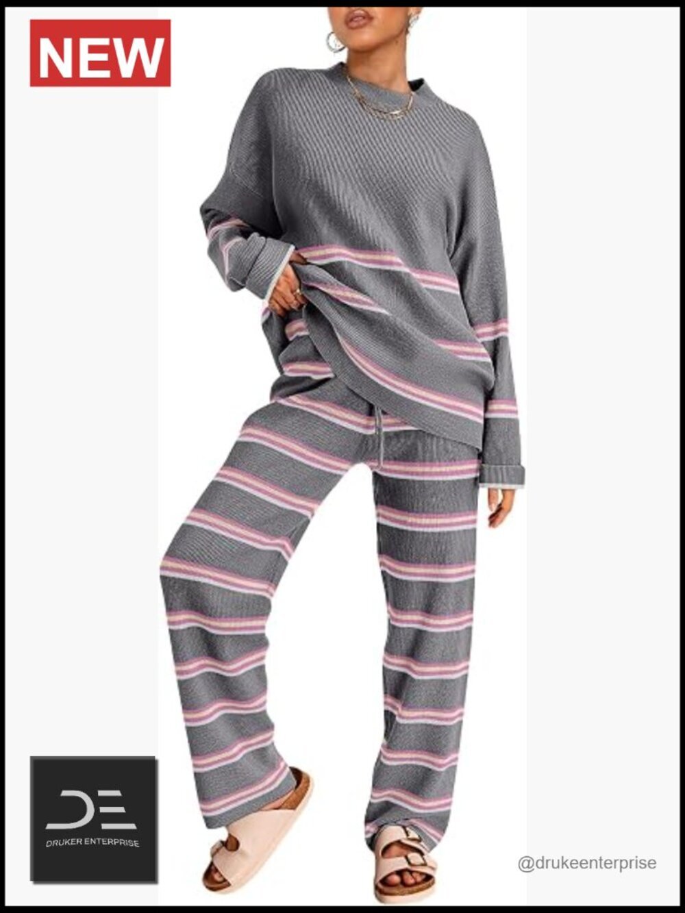 Two Piece Lounge Set Sweatsuit Striped Knit Sweater Outfit Pullover Top and